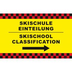 Hinweis- und Gefahrentransparent "SKISCHULE - EINTEILUNG" 
rot/gelb, ohne Stangen